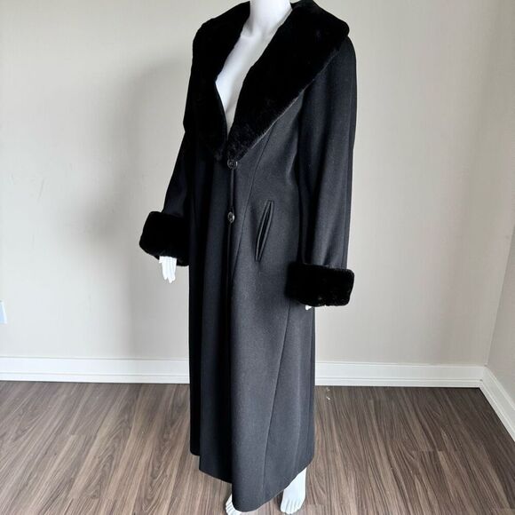 Vintage Women’s Black Sheared Fur Trim Cashmere Wool Long Jacket Black - Picture 4 of 10